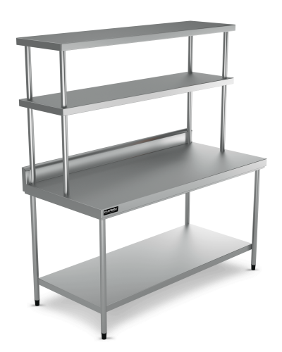 MESA INOX COM PRATELEIRA INFERIOR e SUPERIOR